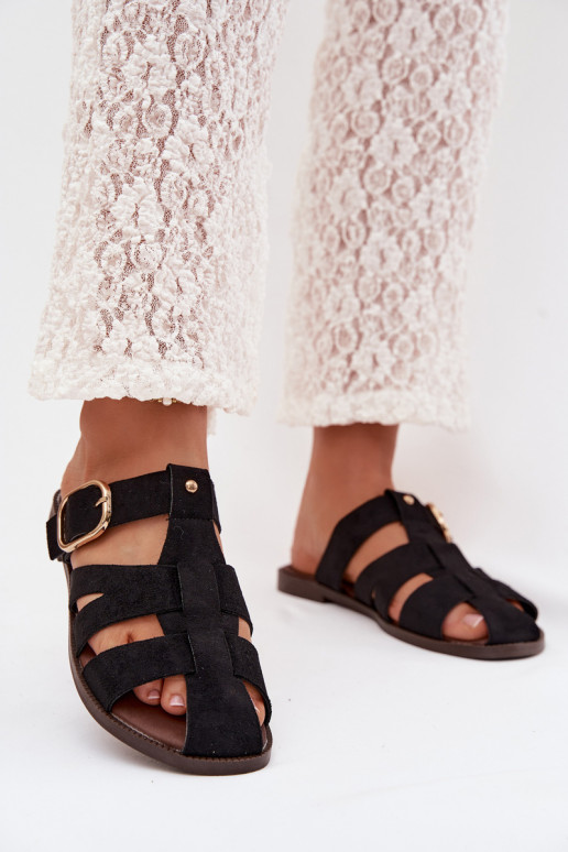 Chinelos femininos com salto largo com listras I Złotą com fivelas cor preta Elzora