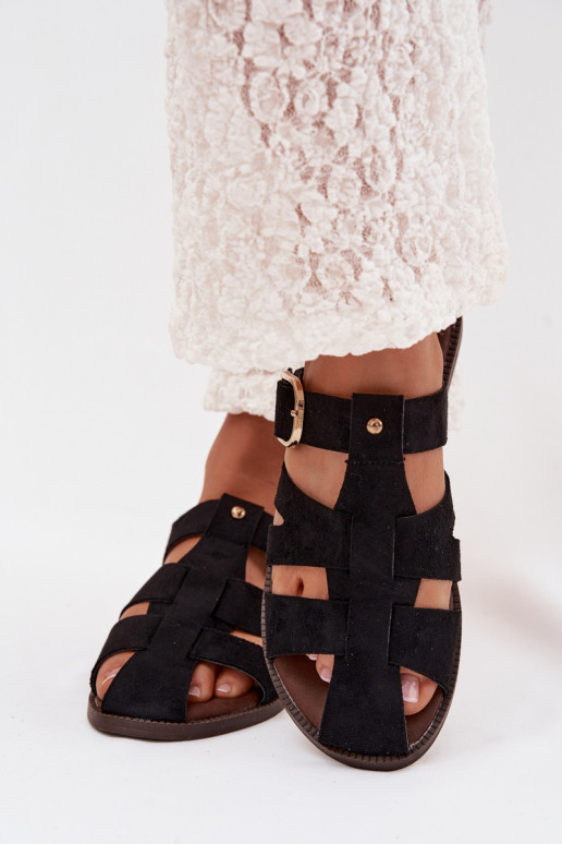 Chinelos femininos com salto largo com listras I Złotą com fivelas cor preta Elzora