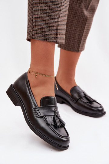 Mocassins femininos de couro sintético com franjas pretos Galera
