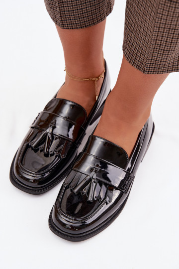 Mocassins envernizados femininos com franjas pretos Galera