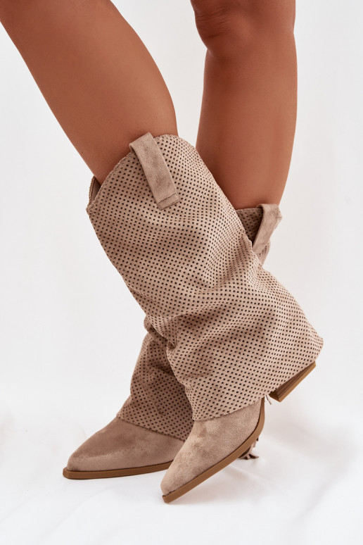 botas estilo coParaboy com franjas com salto bege Pireya