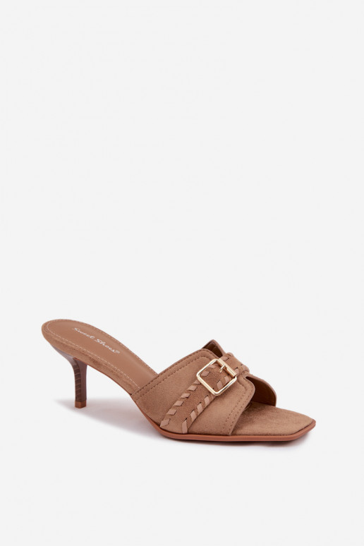 Chinelos femininos com salto fino com alças I Złotą com fivelas bege Jelira