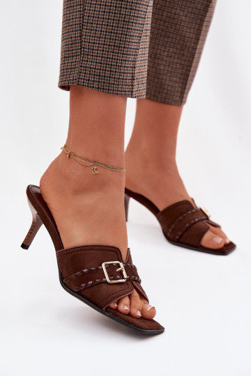 Chinelos femininos com salto fino com alças I Złotą com fivelas CzekoladoParae Jelira