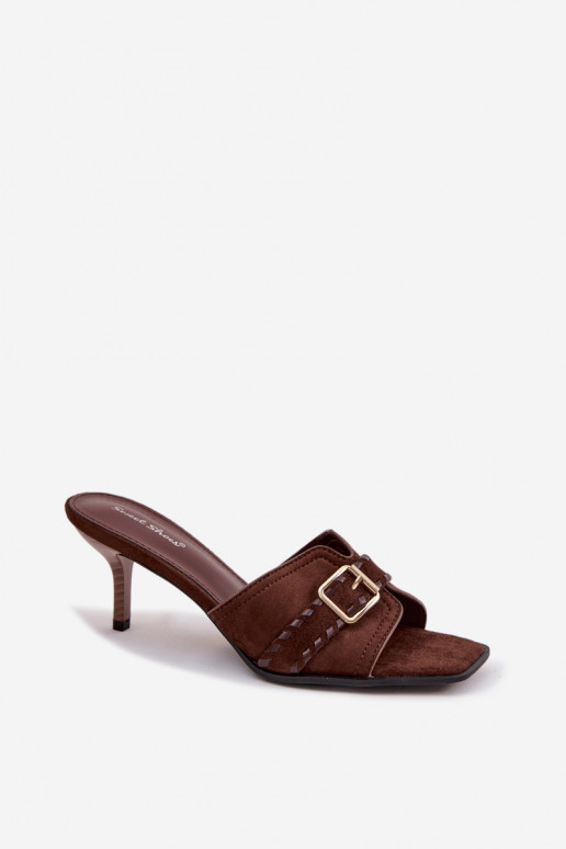 Chinelos femininos com salto fino com alças I Złotą com fivelas CzekoladoParae Jelira