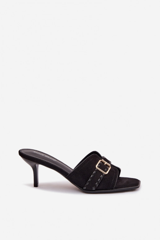 Chinelos femininos com salto fino com alças I Złotą com fivelas cor preta Jelira