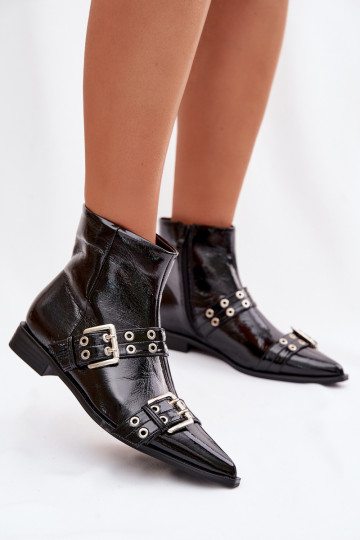Botins femininos com efeito de verniz e saltos largos com tiras e fivelas na cor preta Hamira 2