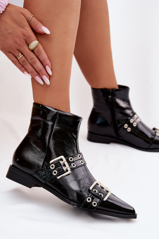 com efeito verniz Botas femininas com salto largo com listras I com fivelasmi cor preta Hamira