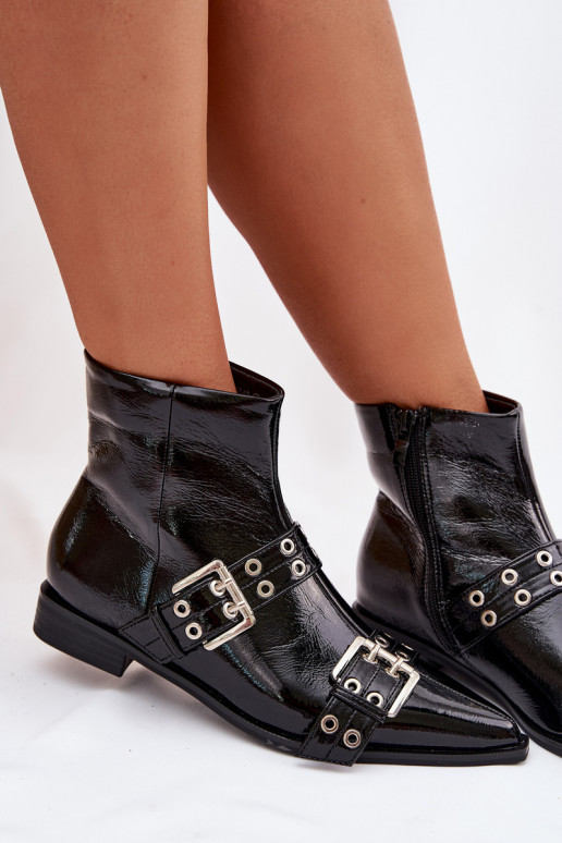 com efeito verniz Botas femininas com salto largo com listras I com fivelasmi cor preta Hamira