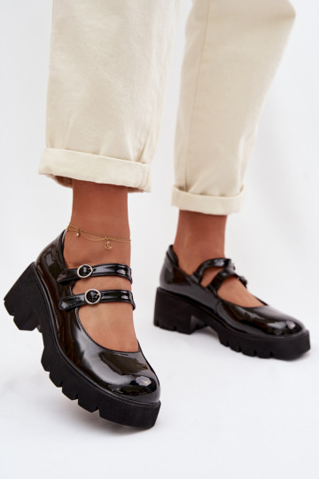 com efeito verniz Feminino sapato com salto com listras cor preta Kamira 2