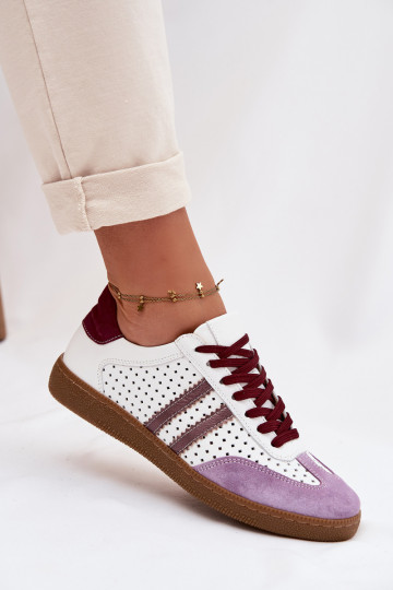 Tênis esportivos femininos em couro sintético com elementos vazados Zazoo N1318 na cor branco-roxo