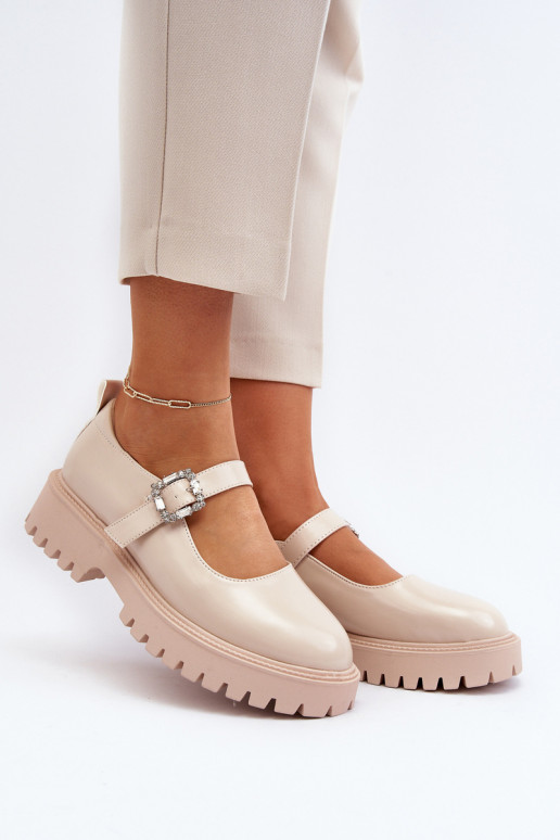 Sapatos femininos de couro envernizado decorar com fivelas bege Lindnessa