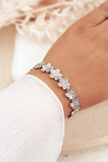 Pulseira feminina de aço inoxidável com motivos florais na cor prata