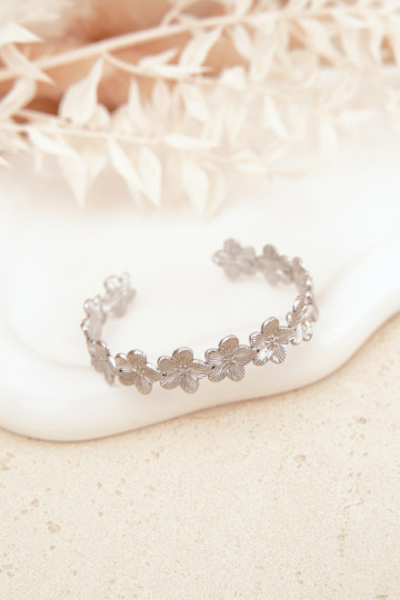 Pulseira feminina de aço inoxidável com motivos florais na cor prata 2
