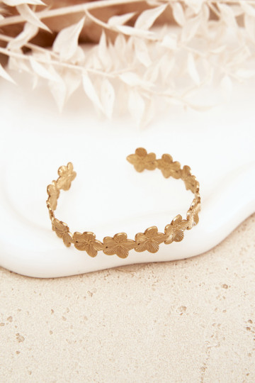 Pulseira feminina de aço inoxidável com motivos florais na cor dourada 2