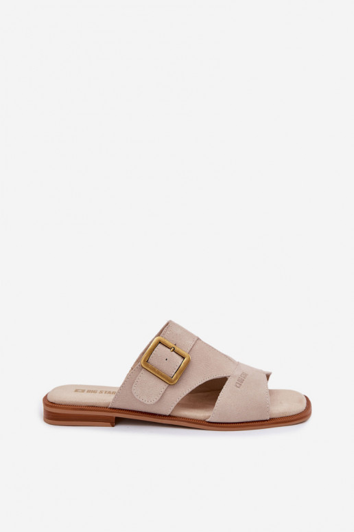 Chinelos femininos de camurça com salto largo com fivelas Big Star TT274476 bege