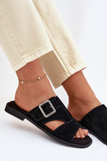 Chinelas femininas de camurça com saltos largos e fivelas Big Star TT274477 na cor preta