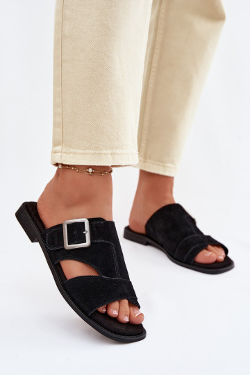 Chinelos femininos de camurça com salto largo com fivelas Big Star TT274477 cor preta 2