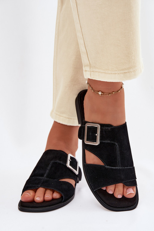 Chinelos femininos de camurça com salto largo com fivelas Big Star TT274477 cor preta