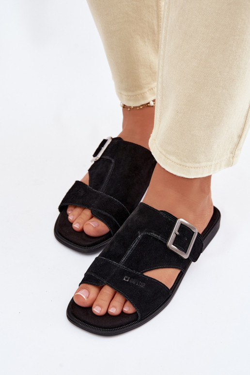 Chinelos femininos de camurça com salto largo com fivelas Big Star TT274477 cor preta