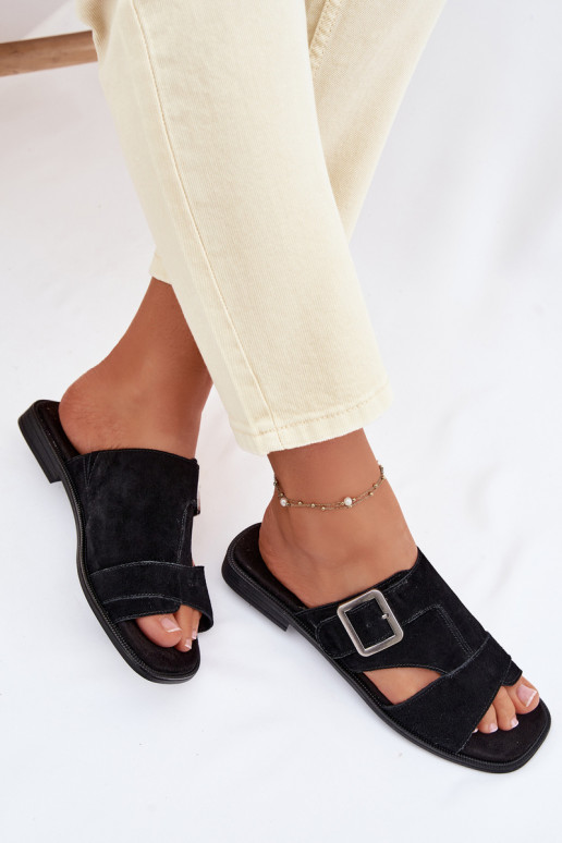 Chinelos femininos de camurça com salto largo com fivelas Big Star TT274477 cor preta