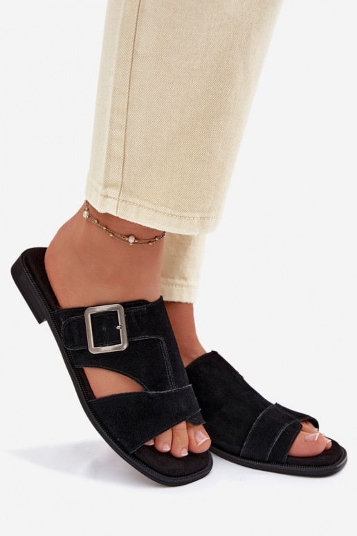 Chinelos femininos de camurça com salto largo com fivelas Big Star TT274477 cor preta