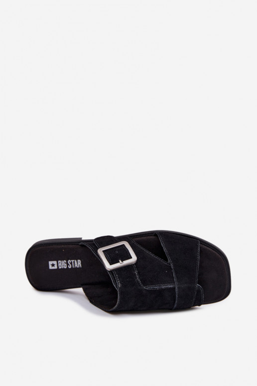 Chinelos femininos de camurça com salto largo com fivelas Big Star TT274477 cor preta