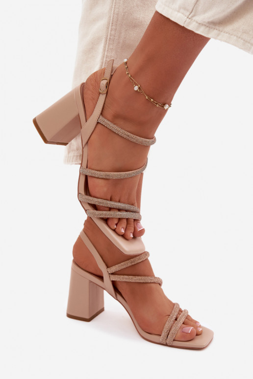 Sandálias femininas de salto alto com listras E zircões bege Brelia