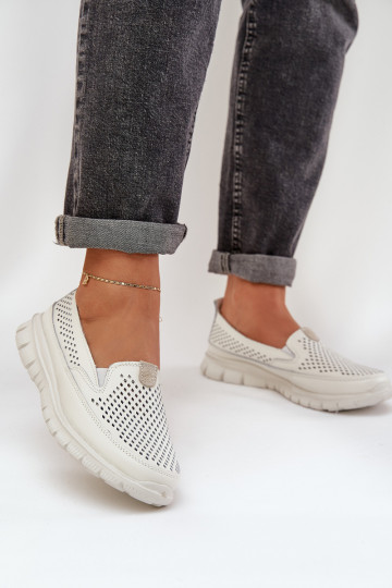  Pele com elementos abertos Mocassins plataforma femininos cor branca Tanelora