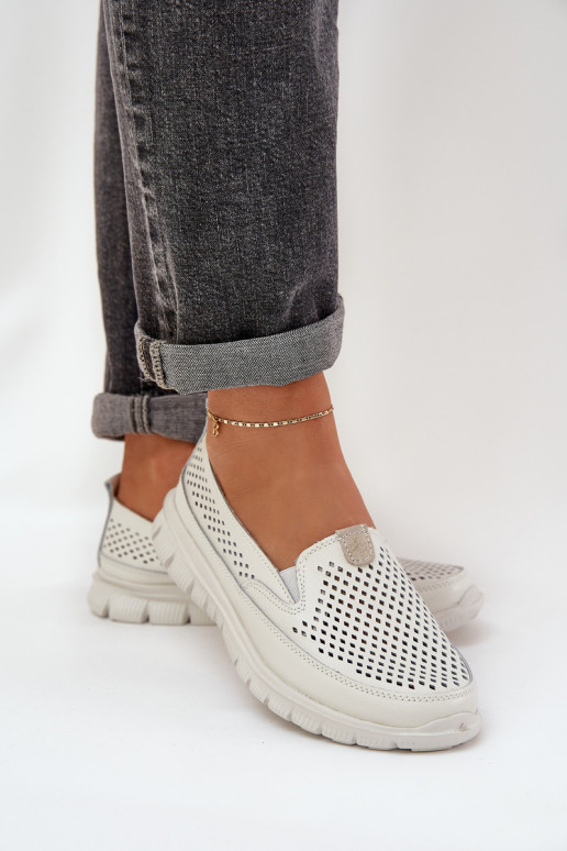  Pele com elementos abertos Mocassins plataforma femininos cor branca Tanelora