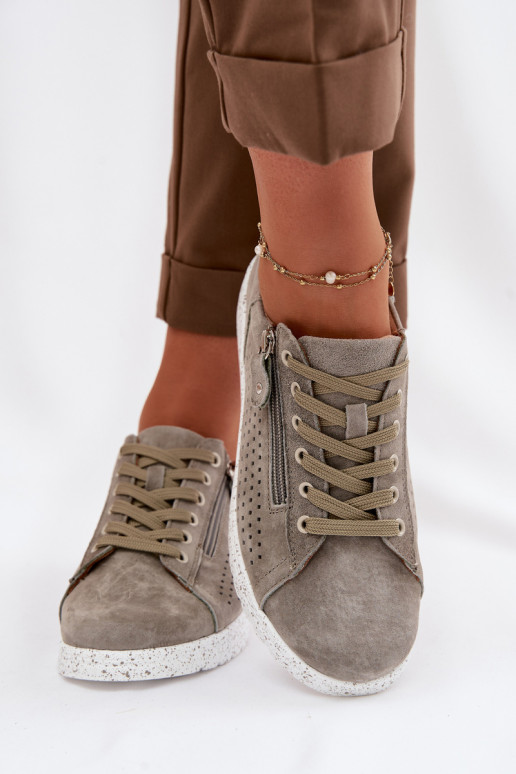 de camurça sapato Feminino com zíperes cor cáqui Cemela