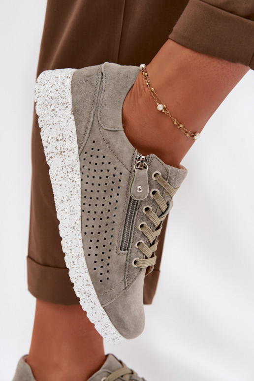 de camurça sapato Feminino com zíperes cor cáqui Cemela