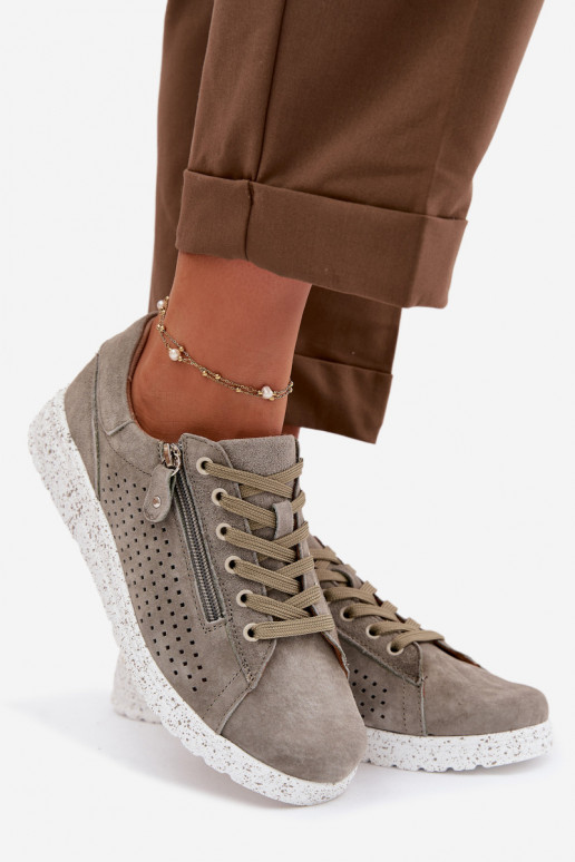 de camurça sapato Feminino com zíperes cor cáqui Cemela