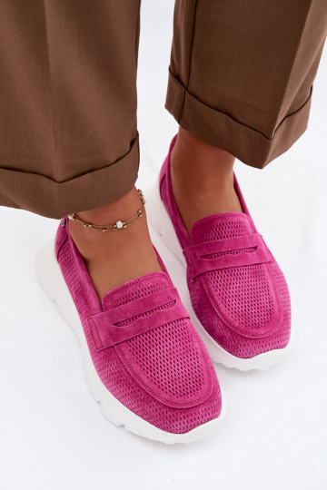 Mocassins femininos de camurça natural com plataforma Vinceza 79626 cor rosa