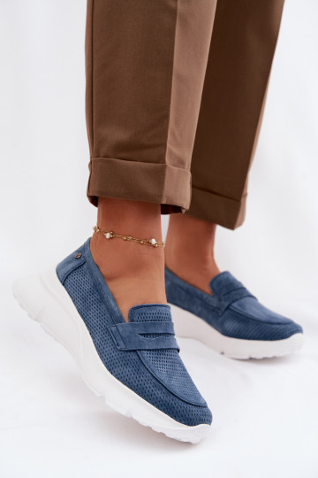 Mocassins femininos de camurça natural com plataforma Vinceza 79626 cor azul marinho