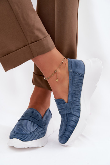 Mocassins femininos de camurça natural com plataforma Vinceza 79626 cor azul marinho 2