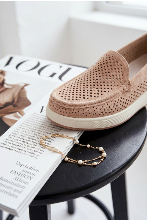 Mocassins femininos com detalhes de perfuração Sergio Leone MK097H cor areia