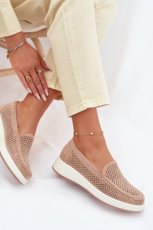 Mocassins femininos com detalhes de perfuração Sergio Leone MK097H cor areia