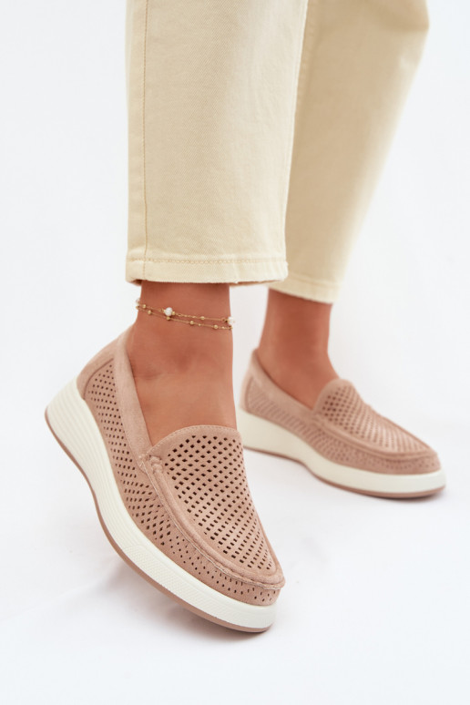 Mocassins femininos com detalhes de perfuração Sergio Leone MK097H cor areia