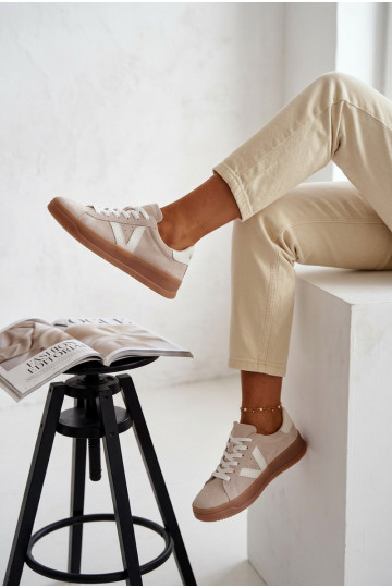 Tênis femininos estilo esportivo de camurça natural com plataforma Vinceza 79597 cor areia