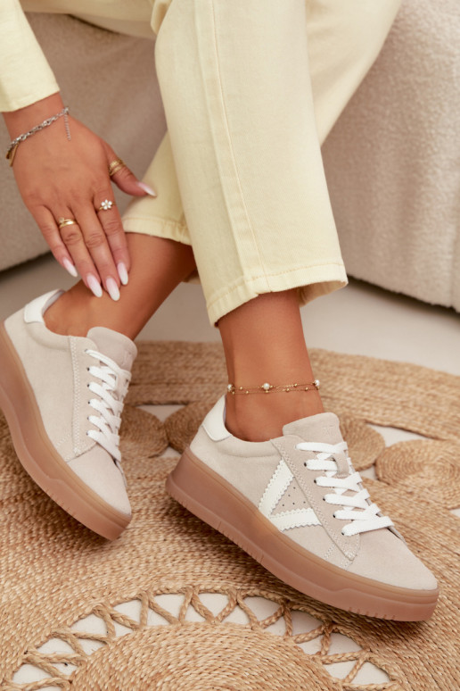 Tênis femininos estilo esportivo de camurça natural com plataforma Vinceza 79597 cor areia