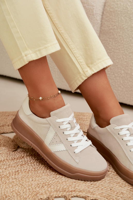 Tênis femininos estilo esportivo de camurça natural com plataforma Vinceza 79597 cor areia