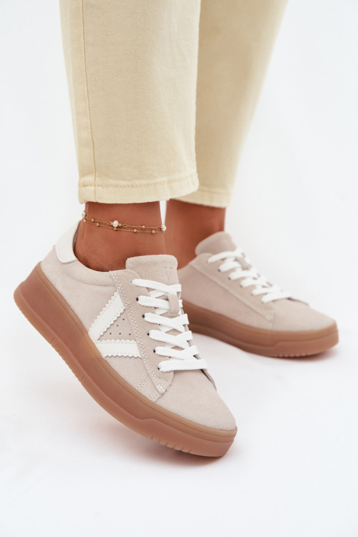 Tênis femininos estilo esportivo de camurça natural com plataforma Vinceza 79597 cor areia