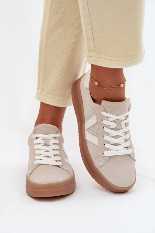 Tênis femininos estilo esportivo de camurça natural com plataforma Vinceza 79597 cor areia