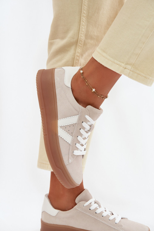 Tênis femininos estilo esportivo de camurça natural com plataforma Vinceza 79597 cor areia