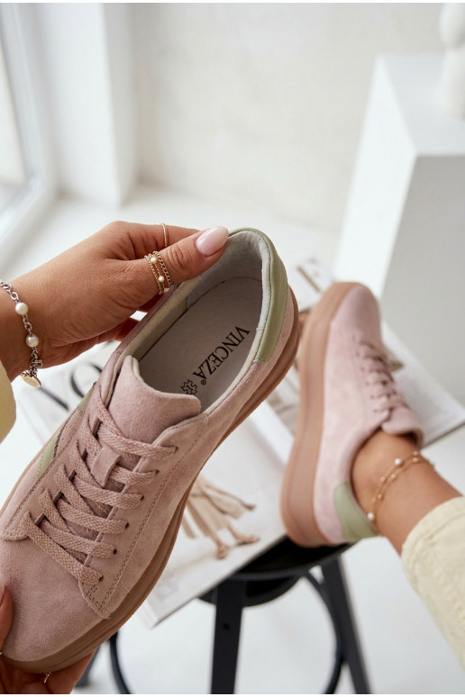 Tênis femininos estilo esportivo de camurça natural com plataforma Vinceza 79597 cor rosa
