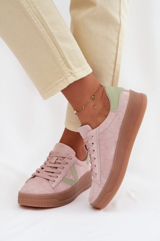 Tênis femininos estilo esportivo de camurça natural com plataforma Vinceza 79597 cor rosa