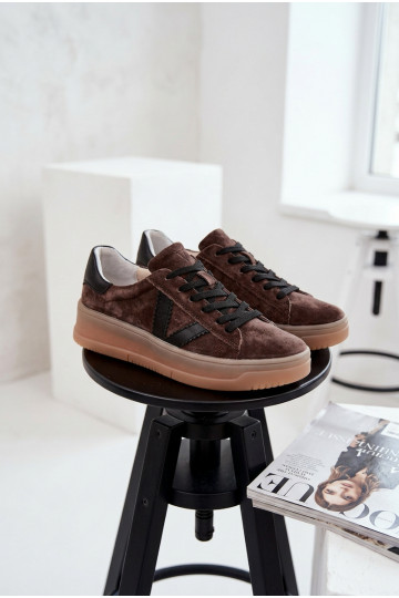 Tênis femininos estilo esportivo de camurça natural com plataforma Vinceza 79597 cor marrom 2