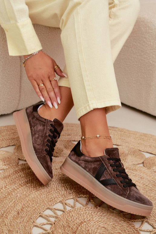 Tênis femininos estilo esportivo de camurça natural com plataforma Vinceza 79597 cor marrom