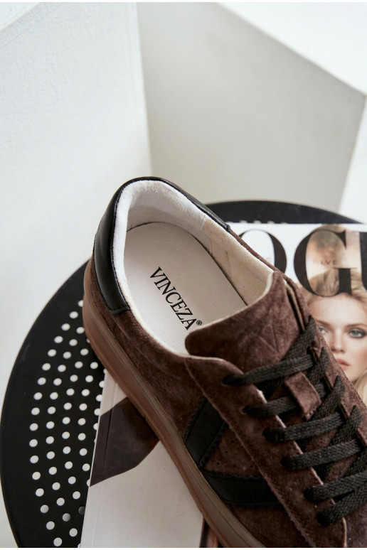 Tênis femininos estilo esportivo de camurça natural com plataforma Vinceza 79597 cor marrom