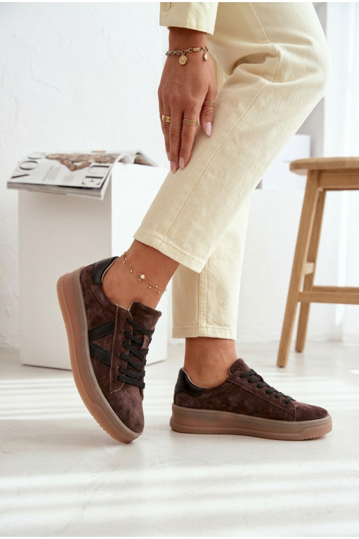 Tênis femininos estilo esportivo de camurça natural com plataforma Vinceza 79597 cor marrom